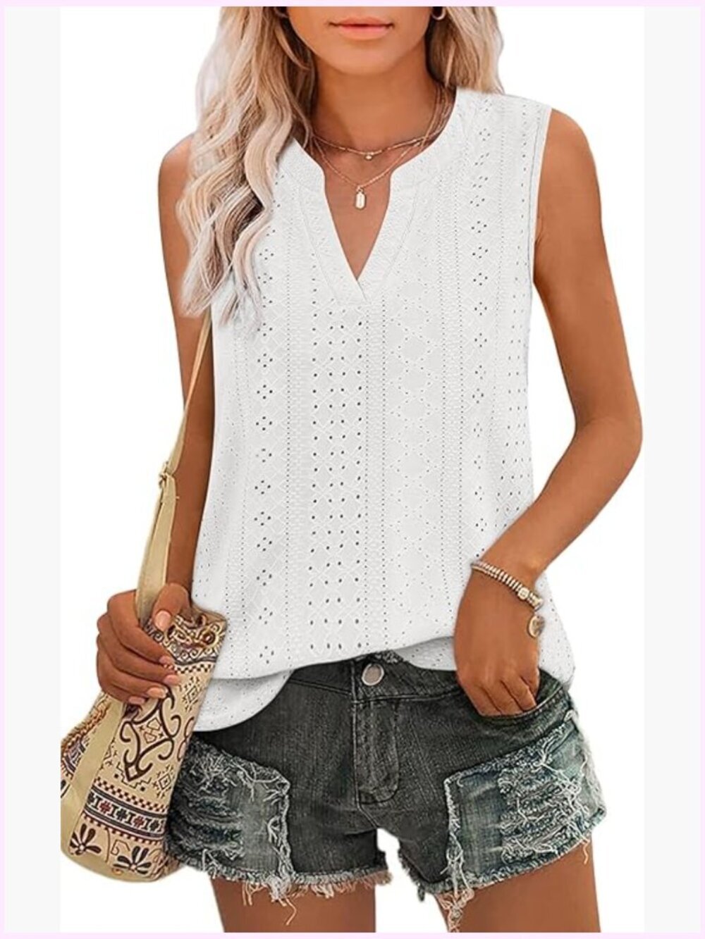 Loose Fit V-Neck Sleeveless Eyelet Tank Top Summer Flowy Cami Blouse